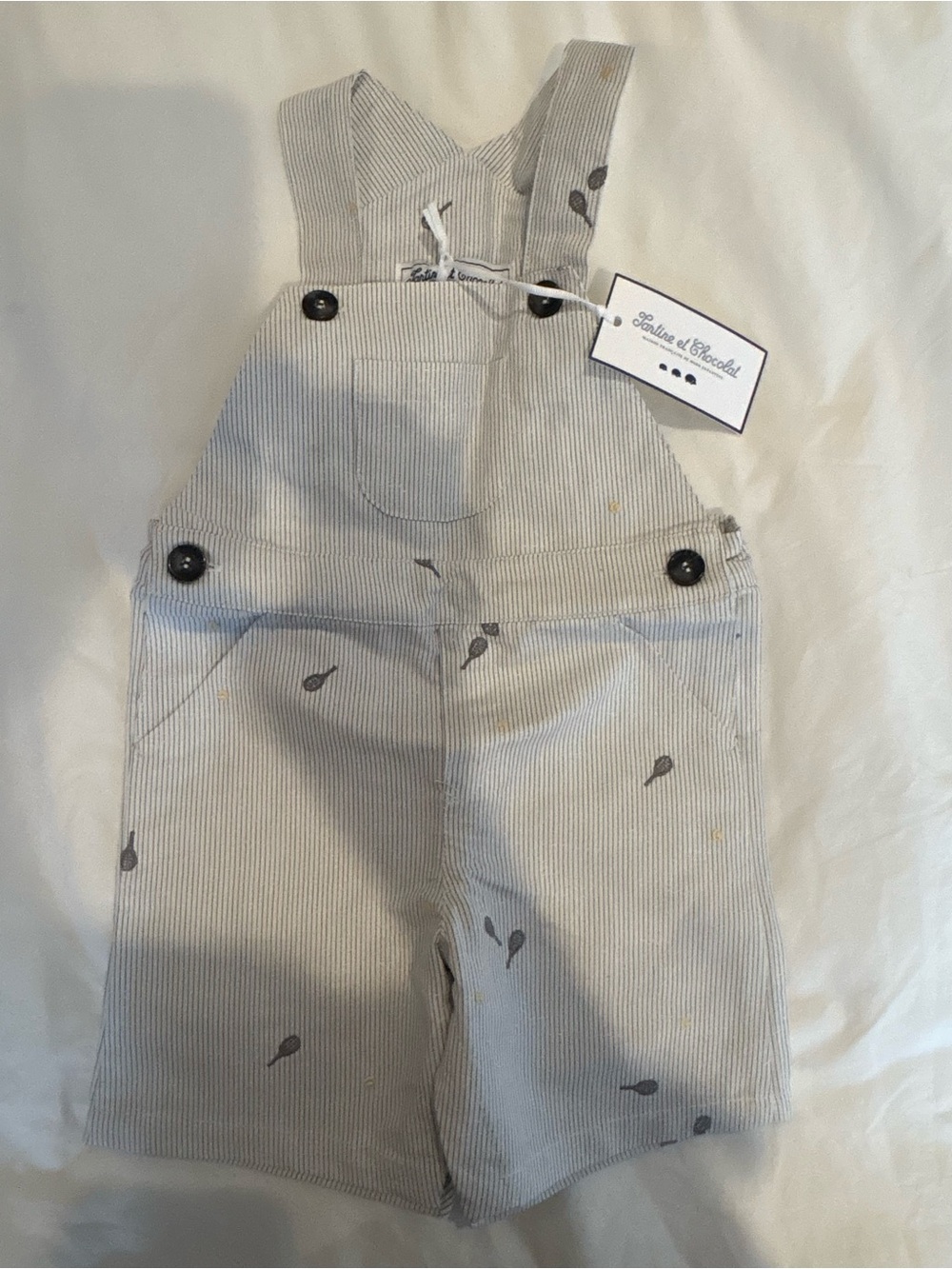 Tartine et Chocolat Light Gray Pinstripe Overalls with tennis Print